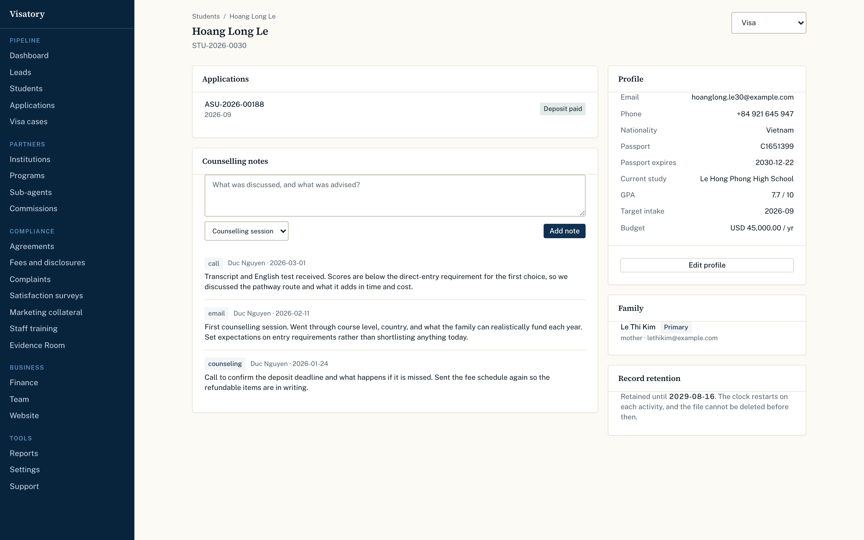 A student file in Visatory showing profile, applications and documents