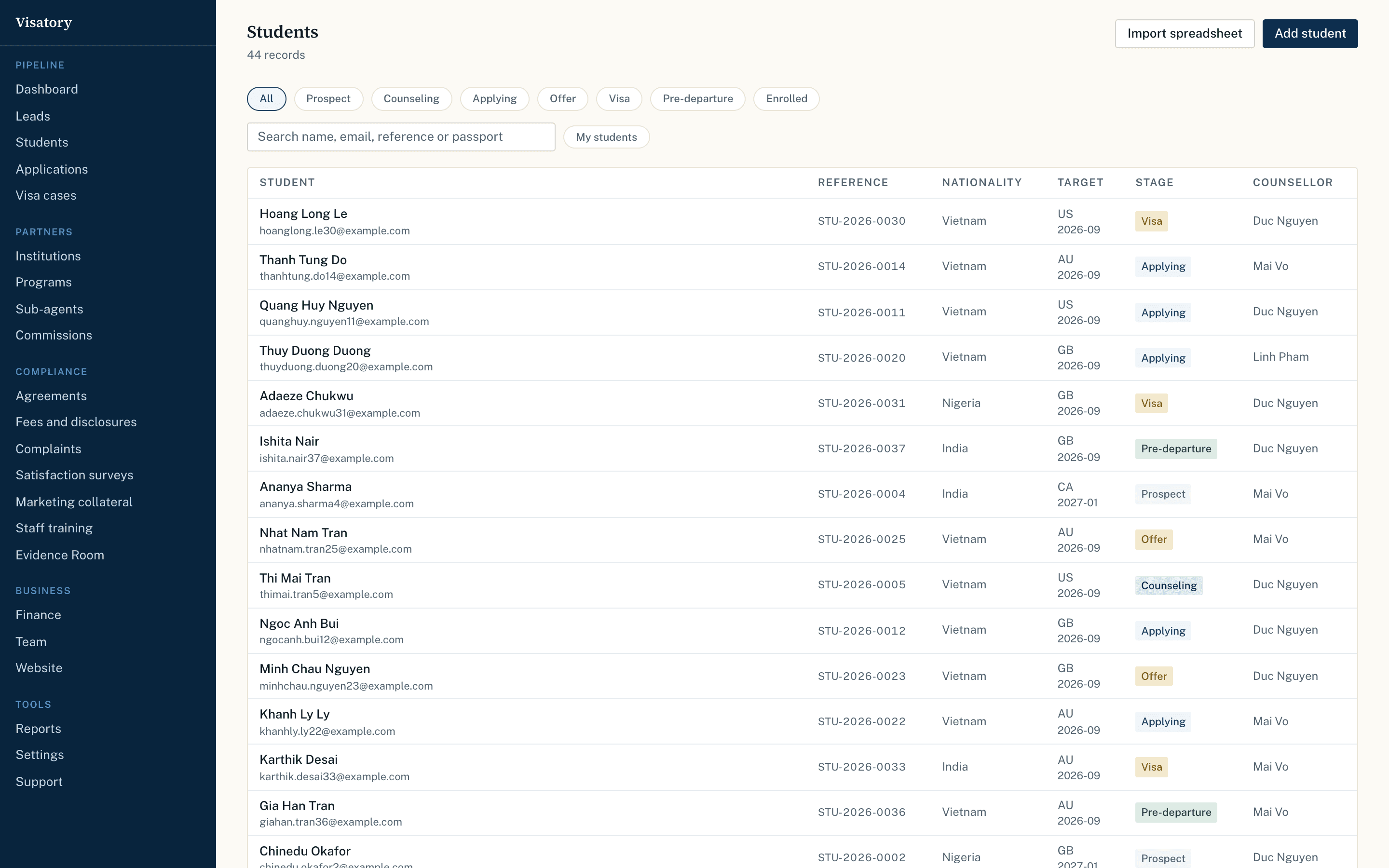 A student file in Visatory showing profile, applications and documents